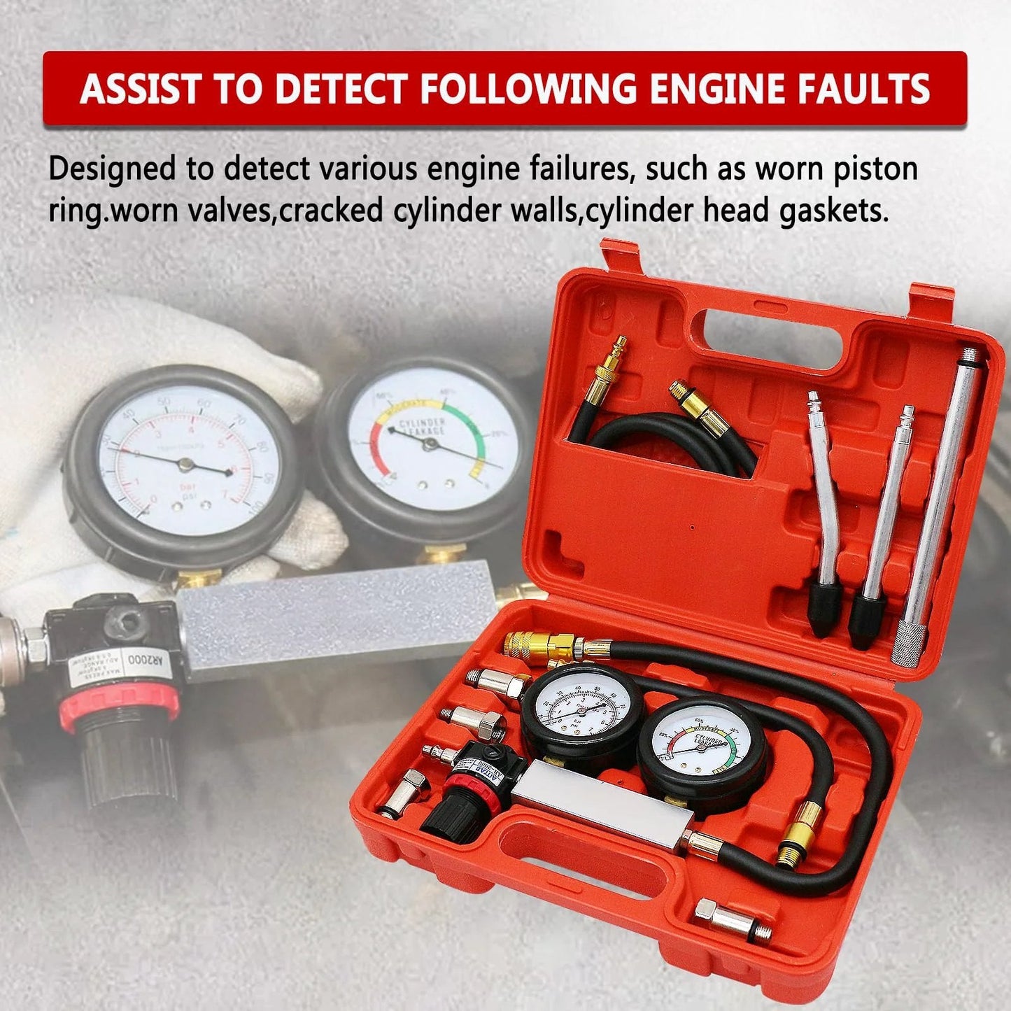 Cylinder Leak Down Tester Kit for Automotive Engine Compression Test and Leakage Diagnosis Light Red TU 21 Gauge Tool Set view in case with hoses and gauges.