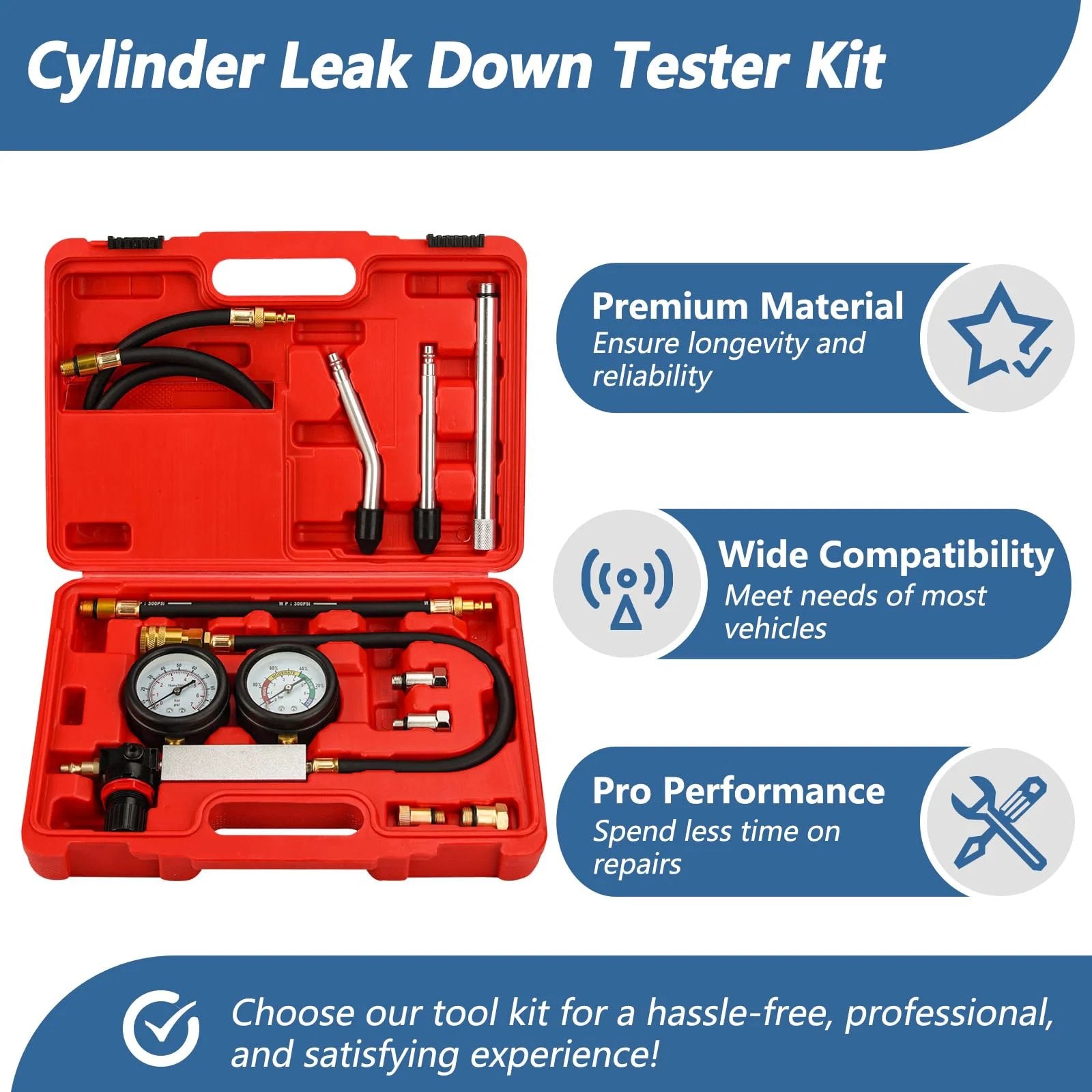 Cylinder Leak Down Tester Kit With Dual Gauge For Auto Engine Diagnostics And Pressure Leakage Checks, shown in red case with hoses and gauges.