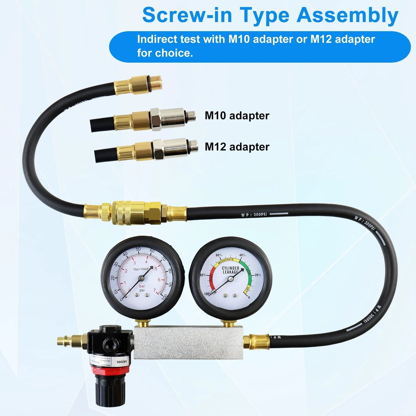 Pro Grade Cylinder Leak Down Tester Kit With Dual Pressure Gauges For Gasoline Engines showing M10 and M12 adapters and dual gauges.