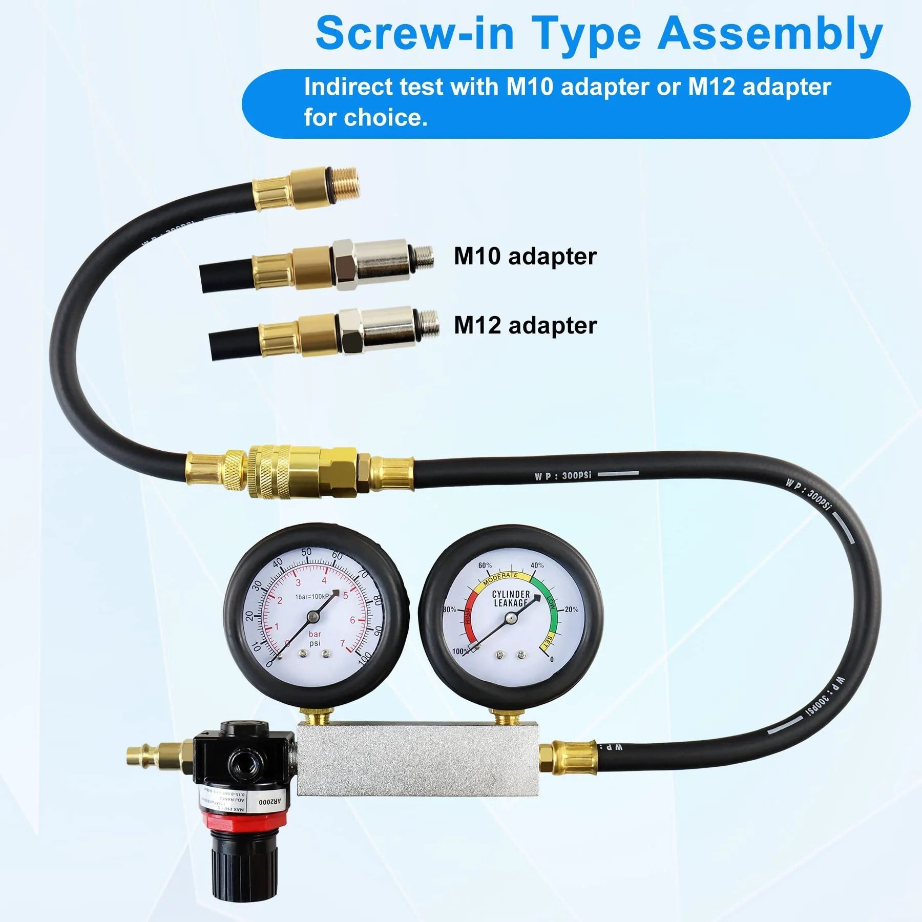 Pro Grade Cylinder Leak Down Tester Kit With Dual Pressure Gauges For Gasoline Engines showing M10 and M12 adapters and dual gauges.