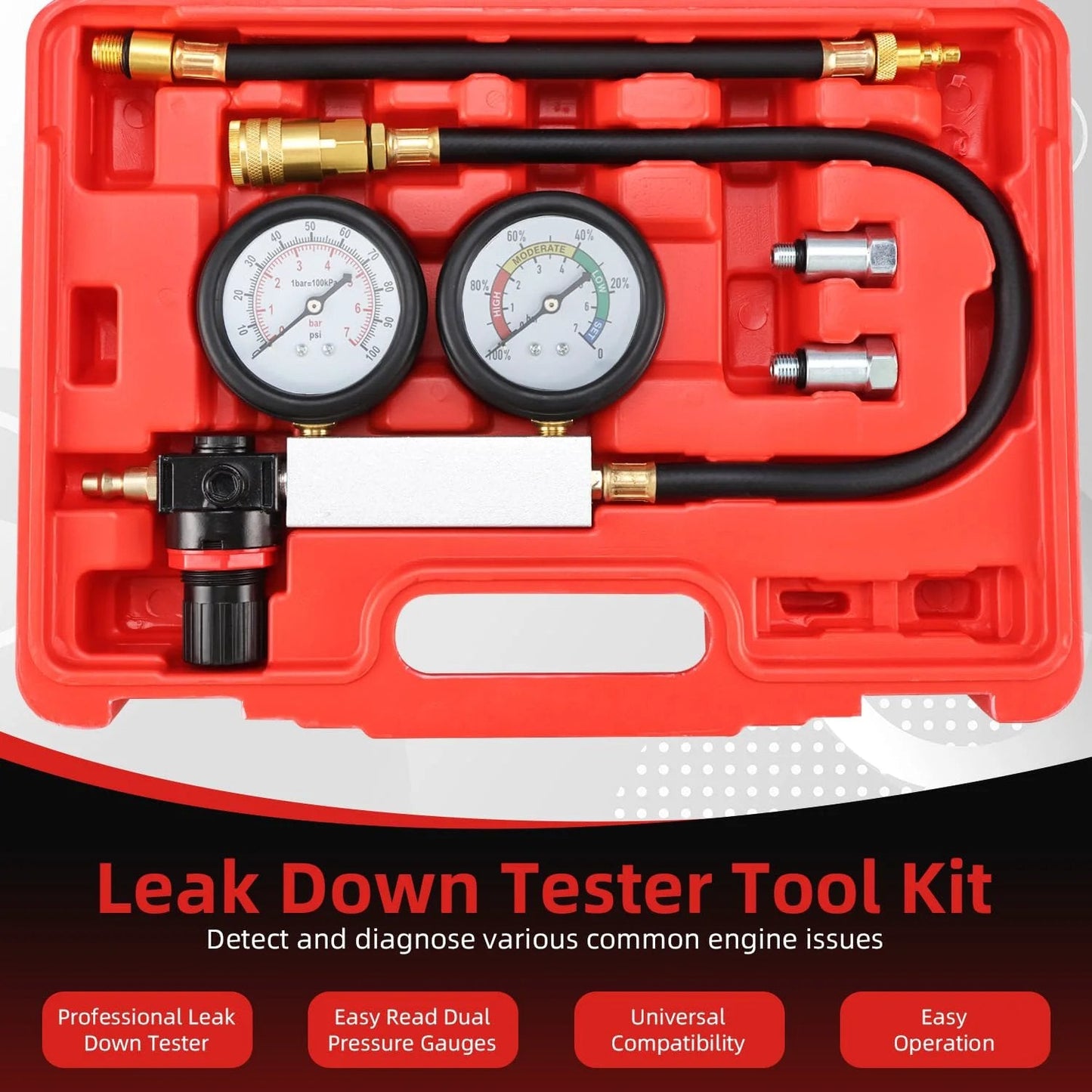 Pro Grade Cylinder Leak Down Tester Tool Kit For Gasoline Engines With Dual Pressure Gauges For Quick Diagnostics And Precise Leakage Measurement, Detects Problem Sources, Tu21 Compatible Engine Compression Tester Set By 8MILELAKE in red plastic case with gauges and hoses.