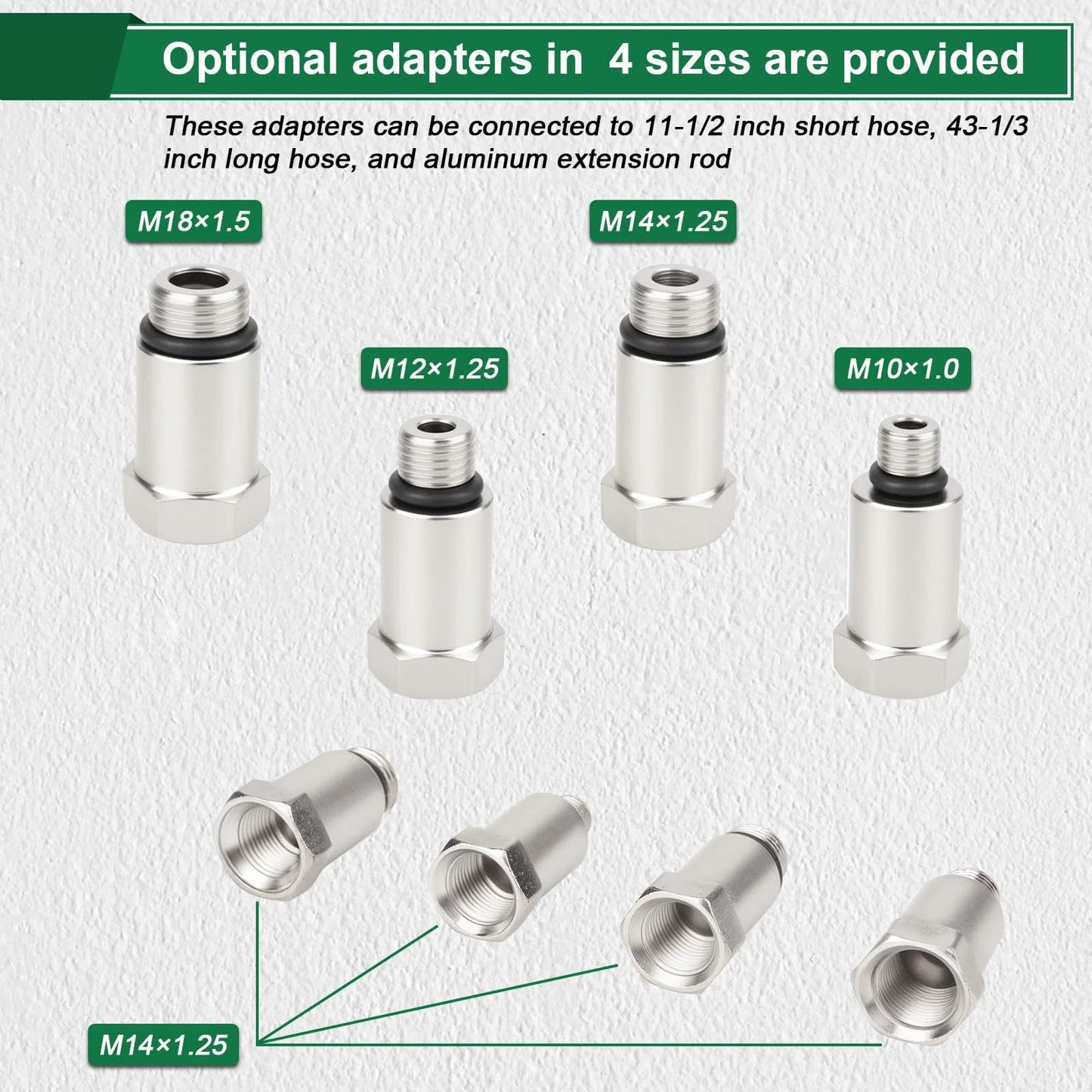 Optional adapters for All In One Cylinder Leak Down Tester Kit For Automotive Engines with various sizes shown on a white background.