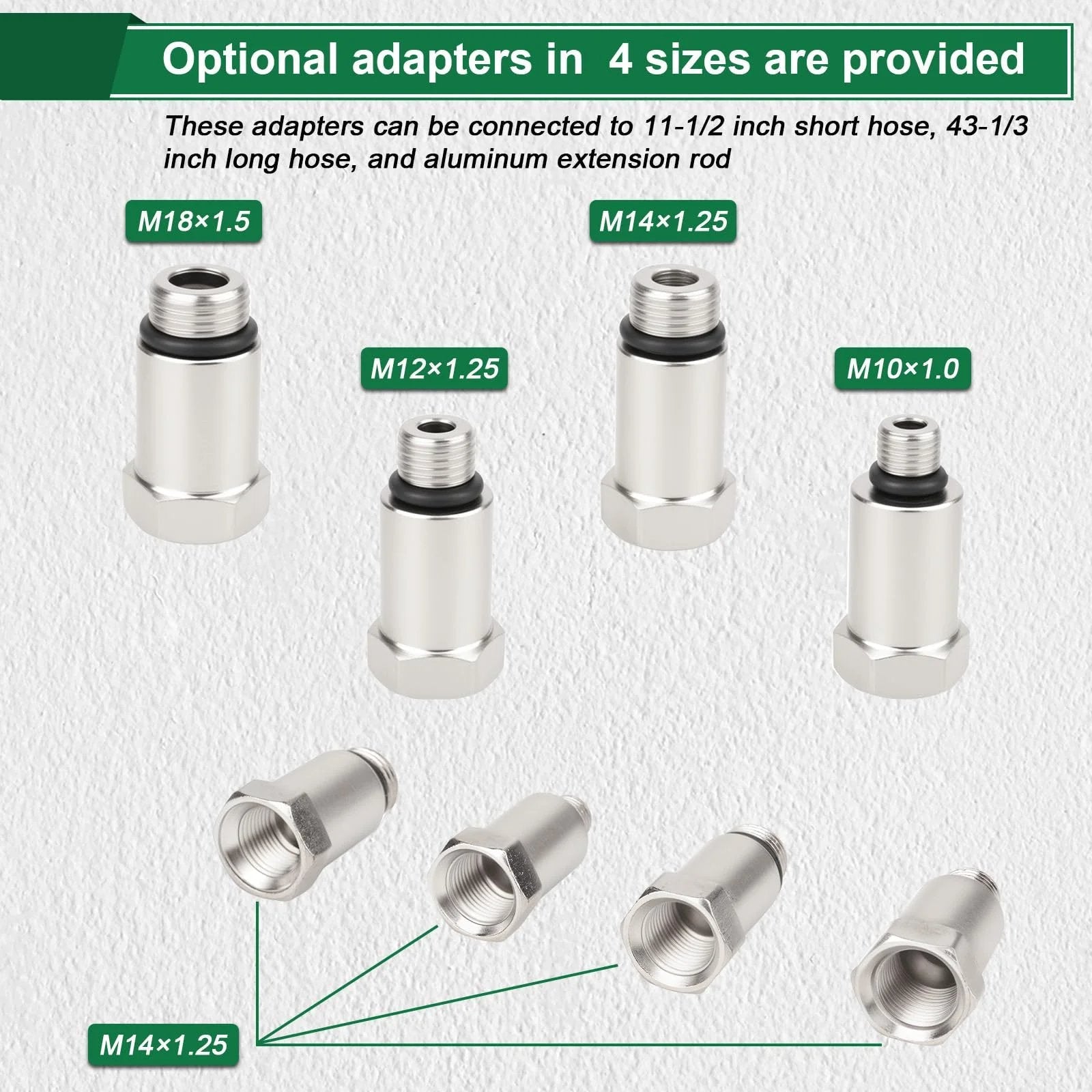 Optional adapters for All In One Cylinder Leak Down Tester Kit For Automotive Engines with various sizes shown on a white background.