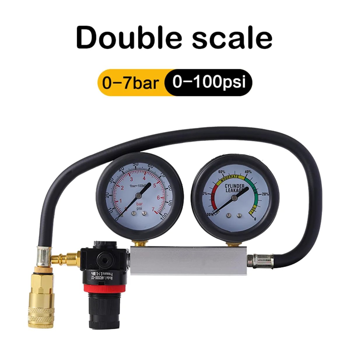 Cylinder Leak Down Tester Kit All In One For Cars Trucks And Motorcycles With Dual Gauge Displays That Show Pressure Value And Leakage Rate, showing dual gauges for pressure and leakage rate.