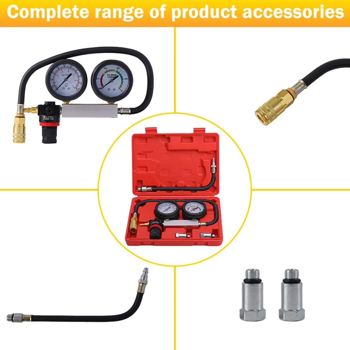 Cylinder Leak Down Tester Kit All In One For Cars Trucks And Motorcycles With Dual Gauge Displays That Show Pressure Value And Leakage Rate, showing gauges, hoses, and fittings in red carrying case.