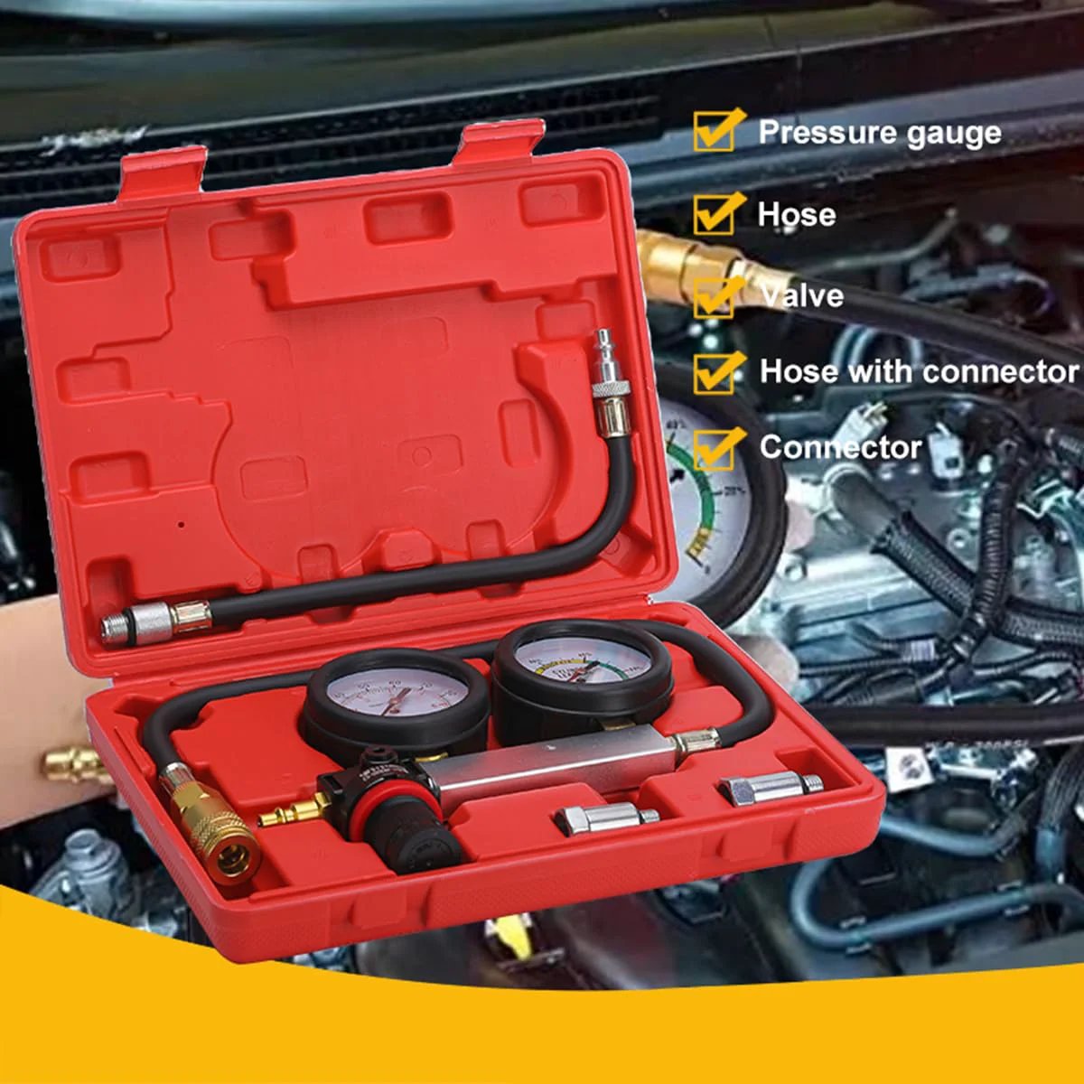 Cylinder Leak Down Tester Kit All In One For Cars Trucks And Motorcycles With Dual Gauge Displays That Show Pressure Value And Leakage Rate, Automotive Engine Compression Leakage Test Tool For Gasoline Engines With Quick Connect Fittings And Durable Red, in closed case showing gauges and hoses.