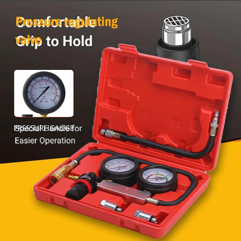 Cylinder Leak Down Tester Kit All In One For Cars Trucks And Motorcycles With Dual Gauge Displays That Show Pressure Value And Leakage Rate, Automotive Engine Compression Leakage Test Tool For Gasoline Engines With Quick Connect Fittings And Durable Red in a red case with gauges and fittings.