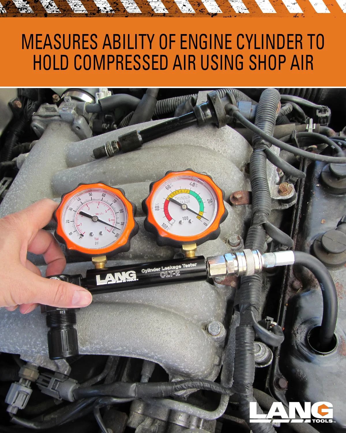Cylinder Leakage Tester For Engines With 100 PSI And Two Gauges CLT 2 Lang Tools Automotive Diagnostic Tool For Mechanics To Check Cylinder Sealing With Shop Air And Supplement A Compression Test used on engine with gauges showing air pressure.