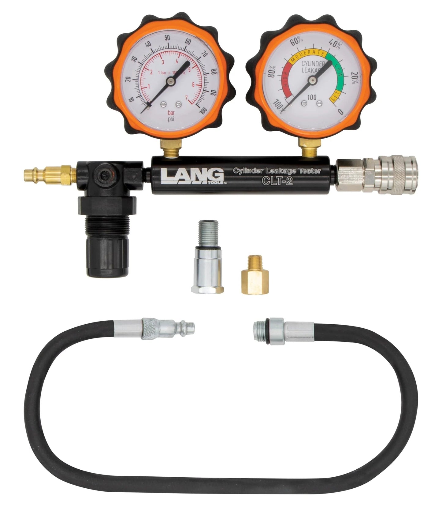 Cylinder Leakage Tester For Engines With 100 PSI And Two Gauges CLT 2 Lang Tools Automotive Diagnostic Tool For Mechanics To Check Cylinder Sealing With Shop Air And Supplement A Compression Test, featuring two gauges and hoses.
