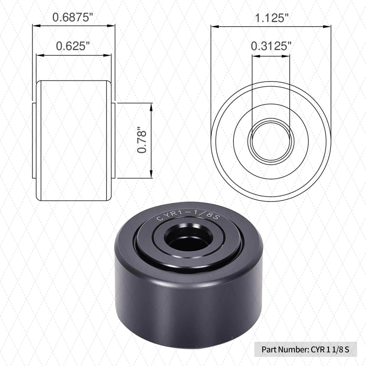 Technical drawing and photo of ✝️ 1 pcs cyr 1 1/8 s yoke cam follower roller bearing, 0.3125" bore x 1.1250" OD x 0.6875" width chrome steel.