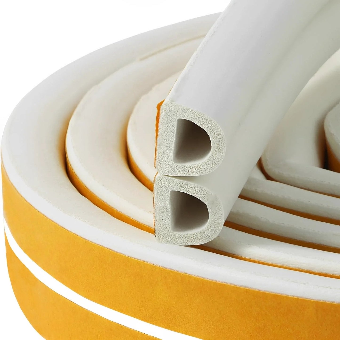 Close-up of Premium D Type Foam Weather Stripping Tape For Doors And Windows Self Adhesive Sealing Strip 32.8 Ft Long White.