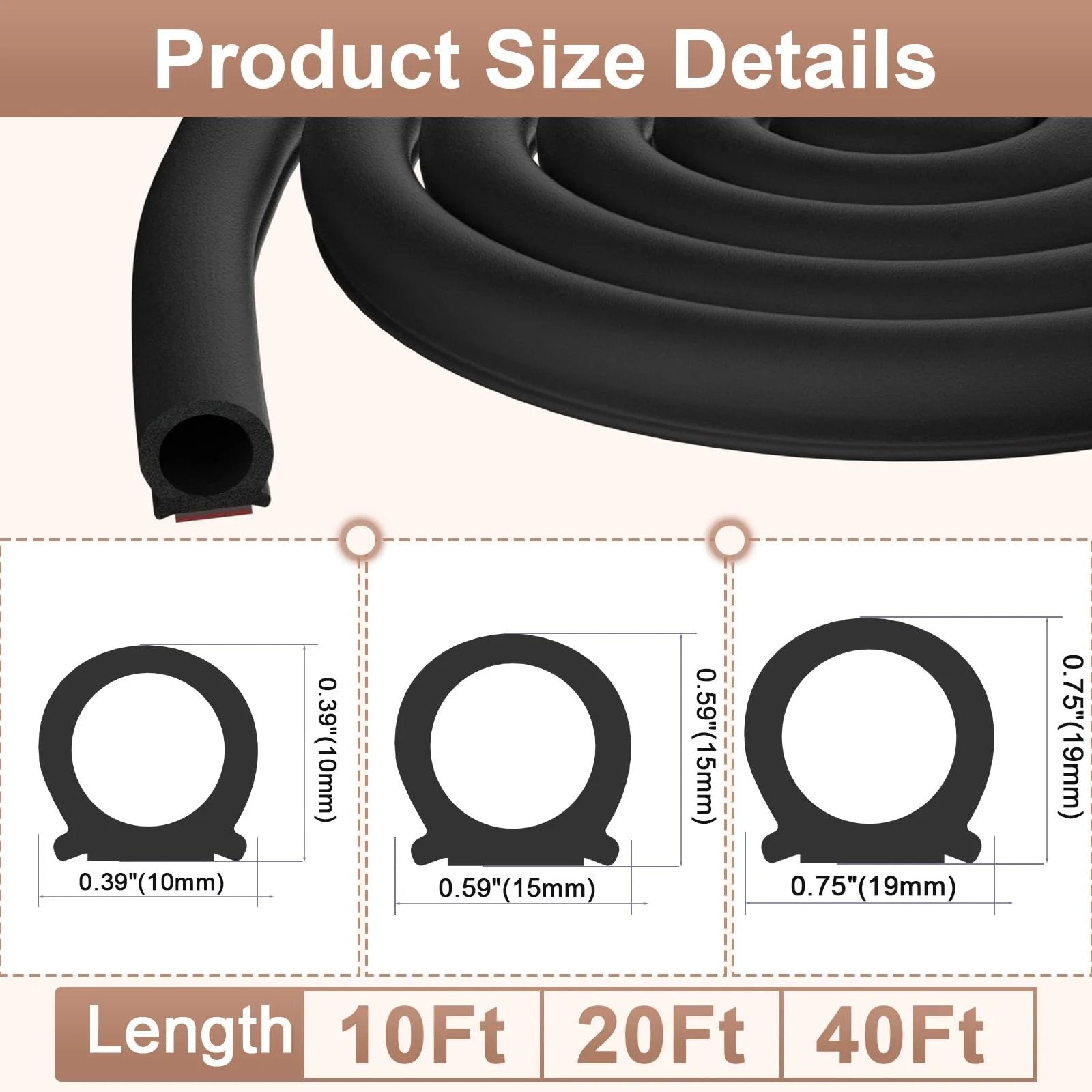 10 Ft Rubber Weather Stripping Door Seal For Cars Trucks RVs And Windows From Alophoty showing size details and dimensions.