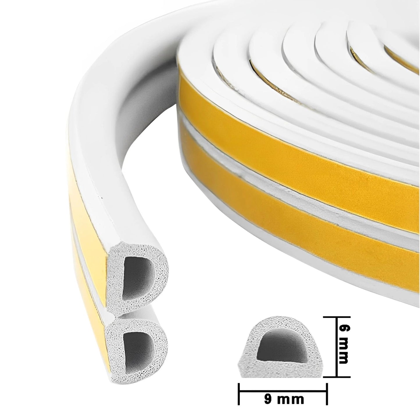 Premium D Type Foam Weather Stripping Tape For Doors And Windows Self Adhesive Sealing Strip 32.8 Ft Long White close-up showing profile and dimensions.