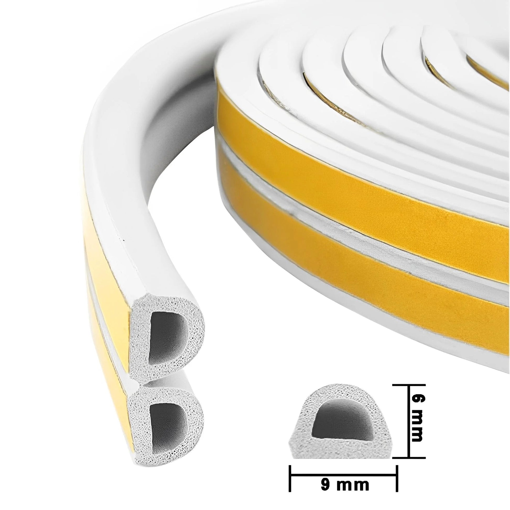 Premium D Type Foam Weather Stripping Tape For Doors And Windows Self Adhesive Sealing Strip 32.8 Ft Long White close-up showing profile and dimensions.