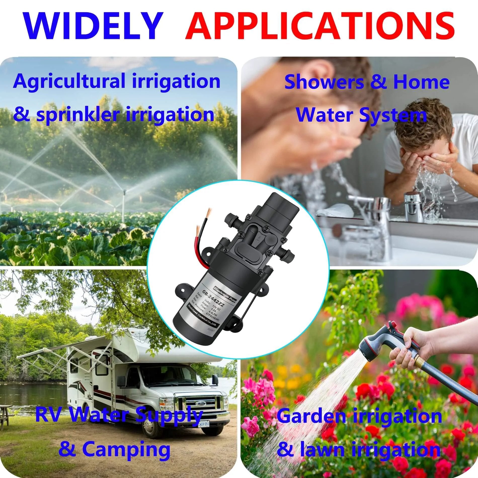 Collage showing applications for DC 12V Diaphragm Pump: garden irrigation, RV water supply, showers, and agricultural use.
