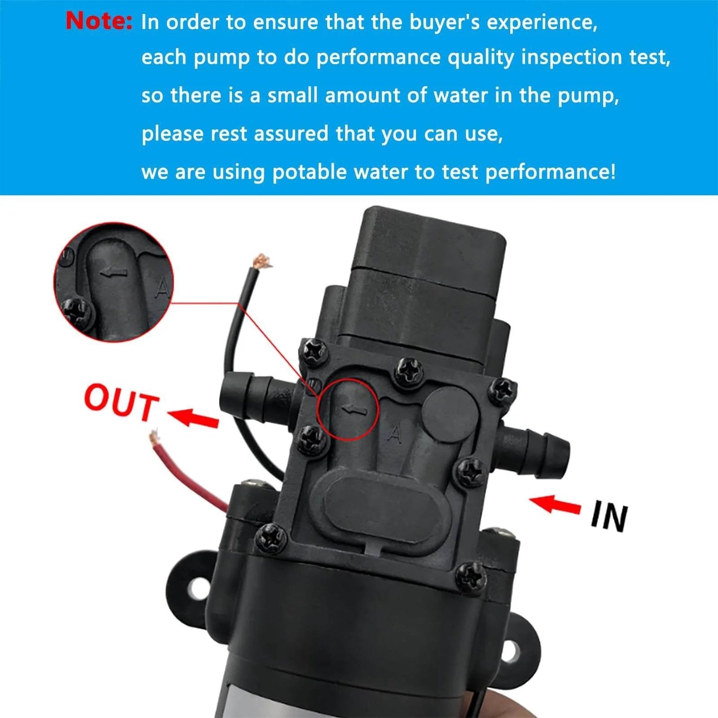 DC 12V Diaphragm Pump with Self-Priming feature, highlighted in inspection setup, showcasing IN and OUT labels, for RV and garden use