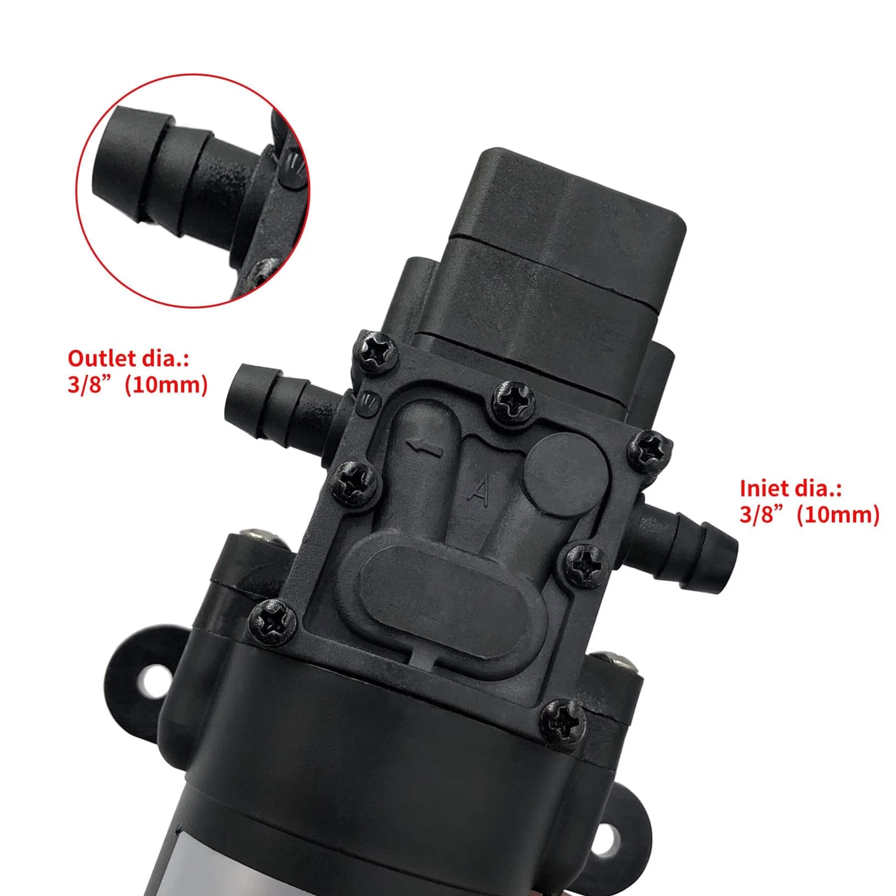 Close-up of DC 12V Diaphragm Pump, Self-Priming Sprayer Pump, 1.2 GPM 87 PSI Pressure Switch Adjustable, 3/8" outlets visible