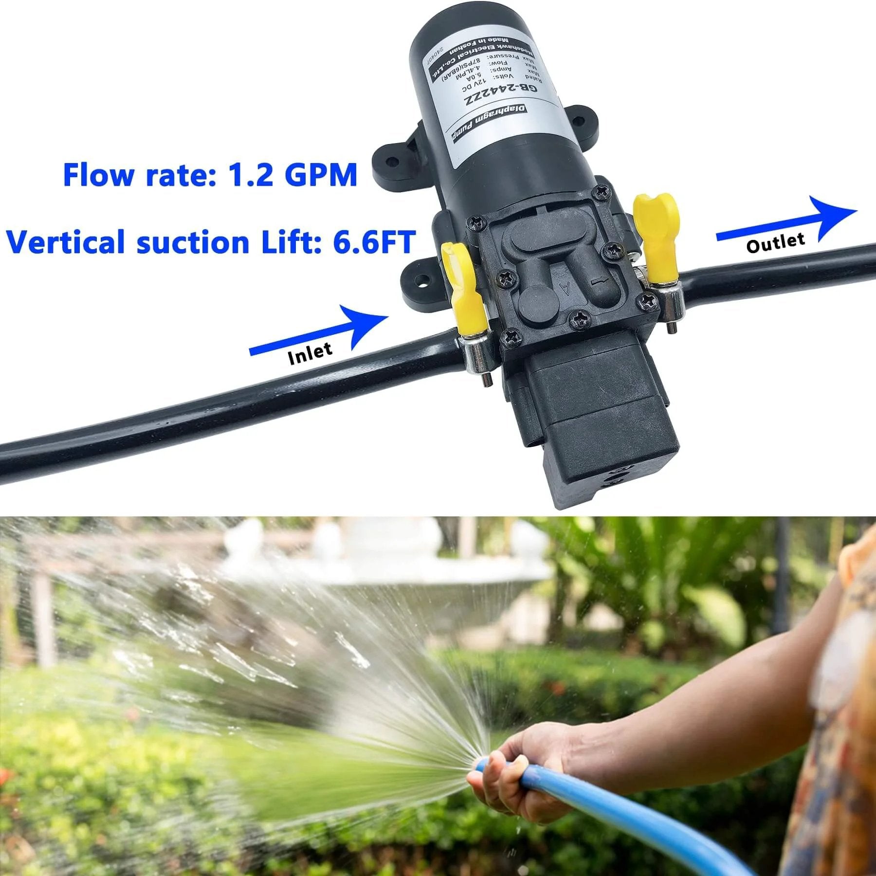 DC 12V Diaphragm Pump, Self-Priming Sprayer Pump, 1.2 GPM 87 PSI Pressure Switch Adjustable water pump, RV Garden Use