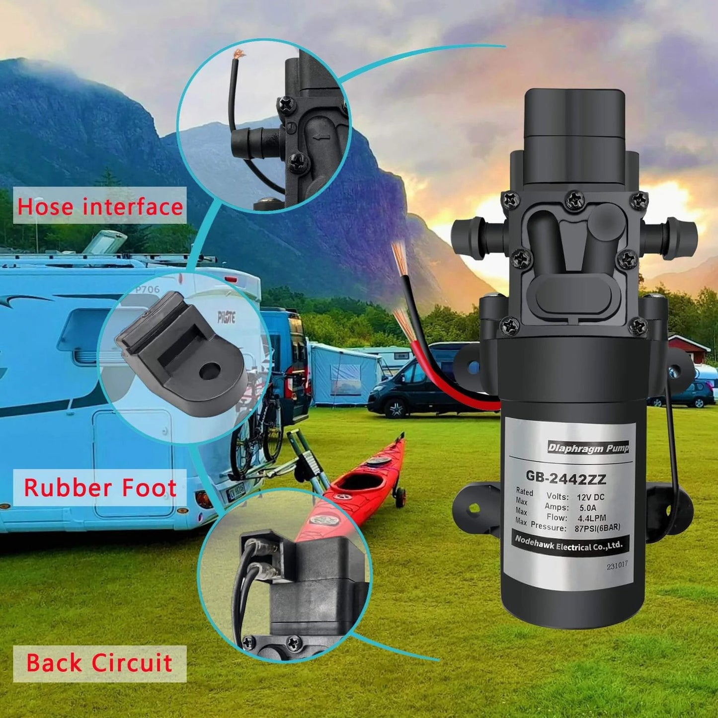 DC 12V Diaphragm Pump, Self-Priming Sprayer Pump, 87 PSI Pressure Switch, hose interface, and RV installation