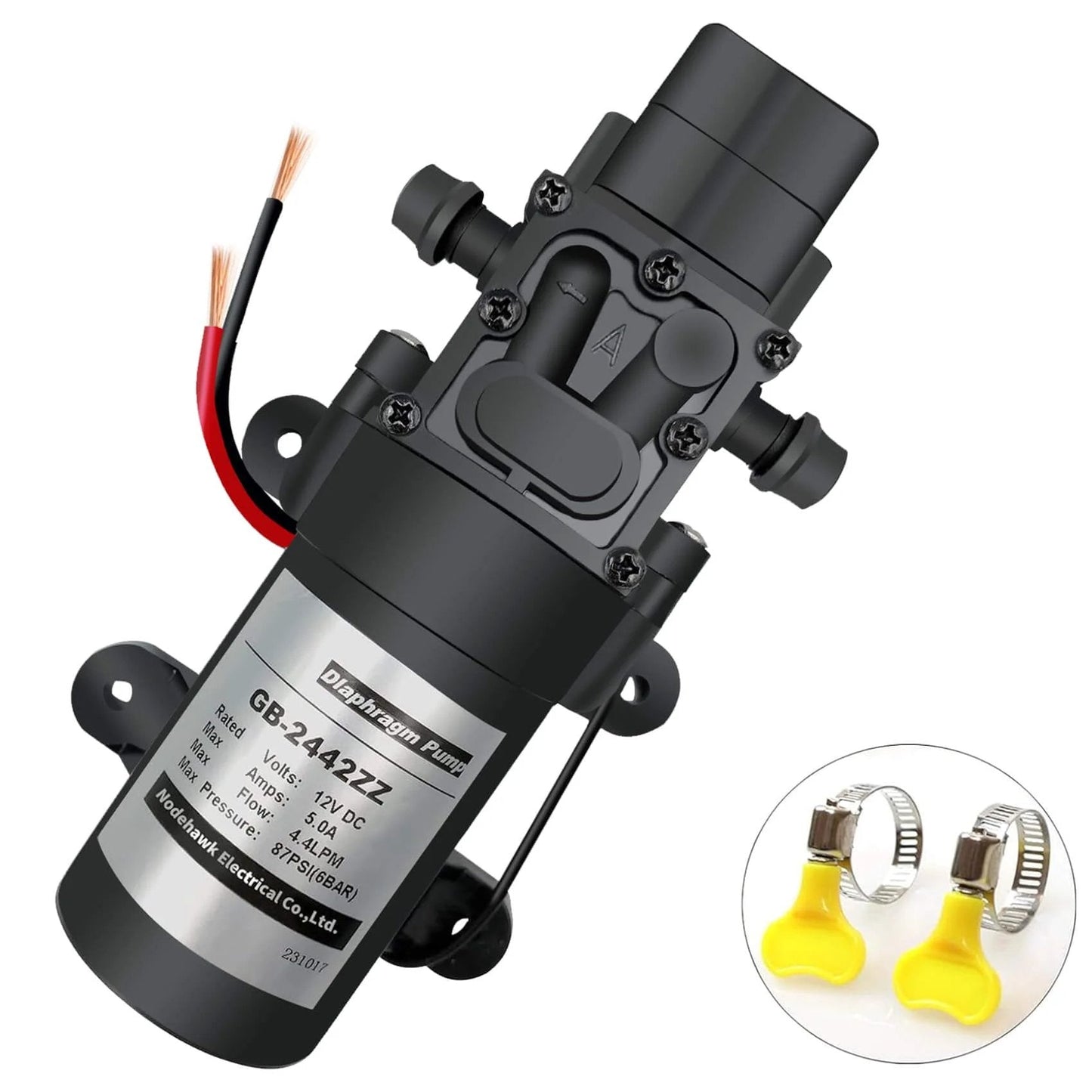 DC 12V Diaphragm Pump, Self-Priming Sprayer Pump, 1.2 GPM 87 PSI Pressure Switch Adjustable water pump with two hose clamps shown