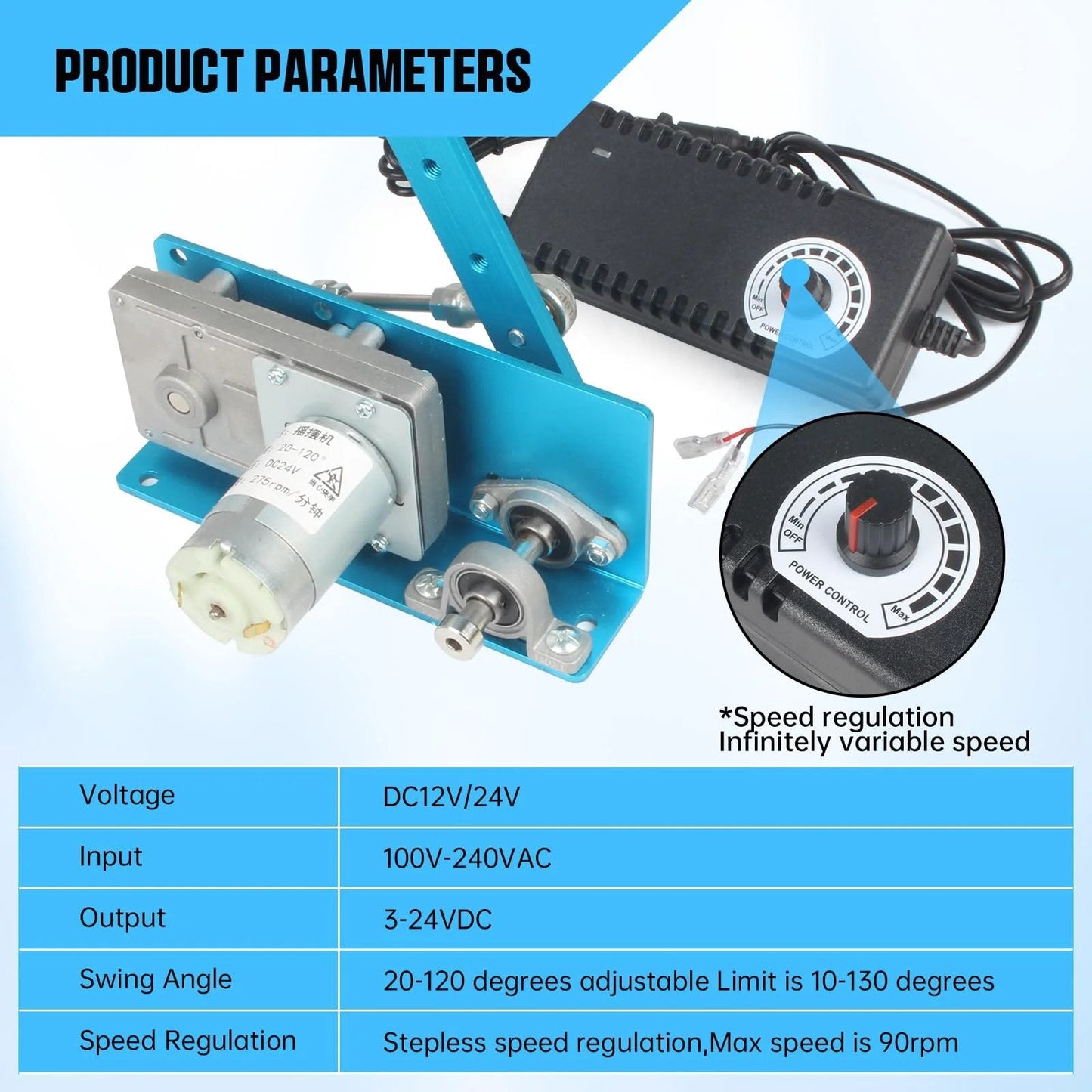 Powerful DC 12V And 24V Linear Actuator With Adjustable Swing Angle From 20 To 120 Degrees, 90 RPM Speed, Stepless Regulator