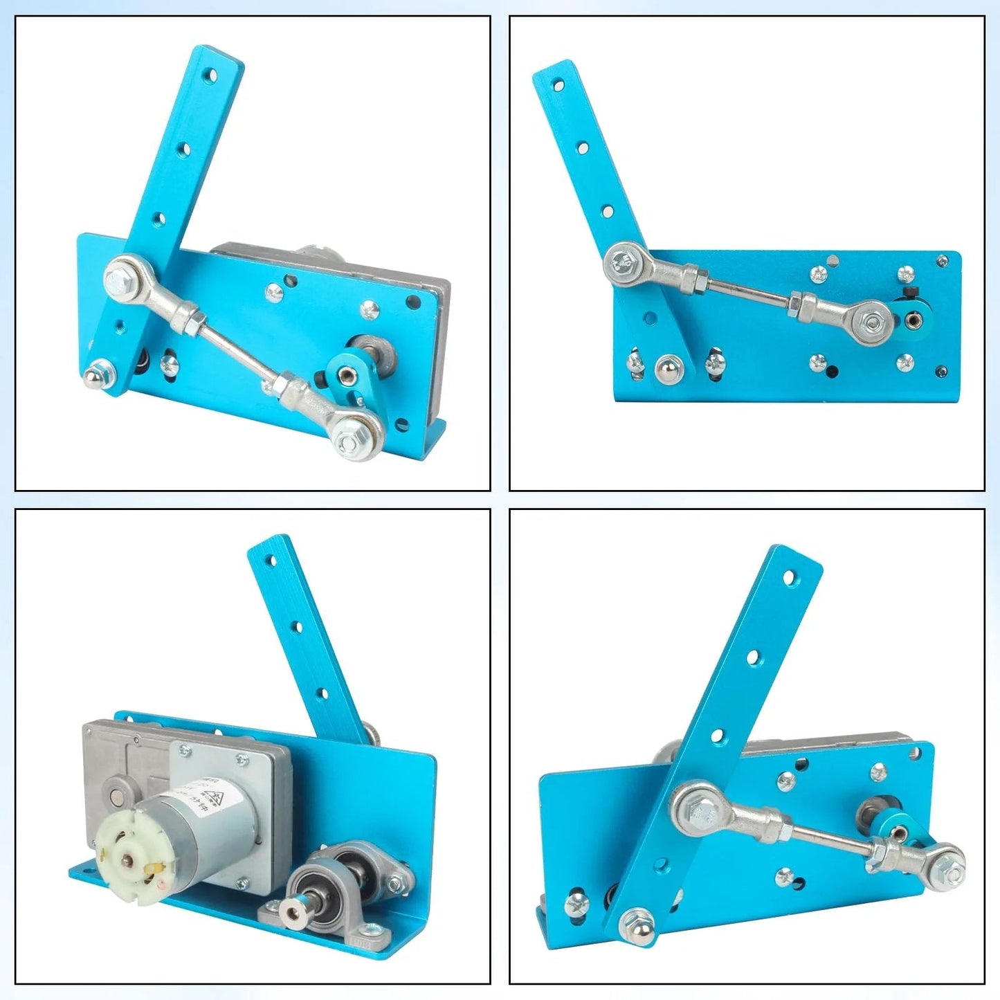 Powerful DC 12V And 24V Linear Actuator With Adjustable Swing Angle From 20 To 120 Degrees, 90 RPM Speed, Stepless Regulator, Perfect For DIY Wobbler Machines, Rocking Motors, And Home Automation Projects - blue metal actuator with motor and adjustable arms shown from multiple angles.