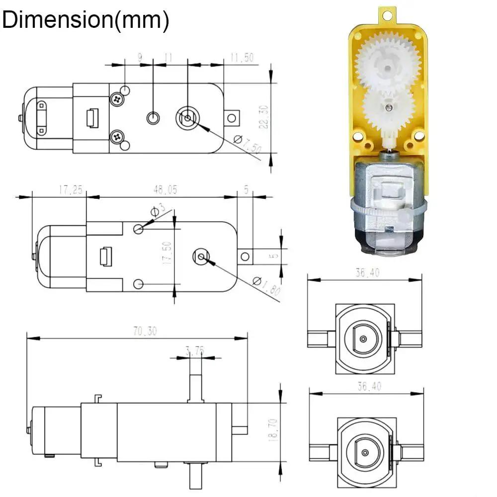 Technical drawing and close-up of Geared DC Motor 3V To 12V For Four Wheel Drive Toy Cars And Robotics DIY Kit with dimensions.