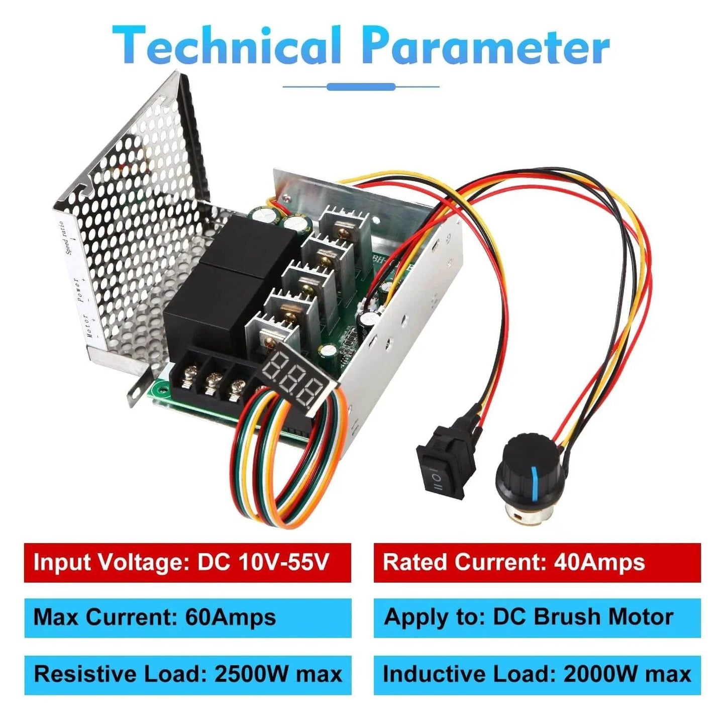 DC Motor Speed Controller, DC 10-55V / Rated 40A, LED Display Stepless DC Motor Speed Controller with adjustable components