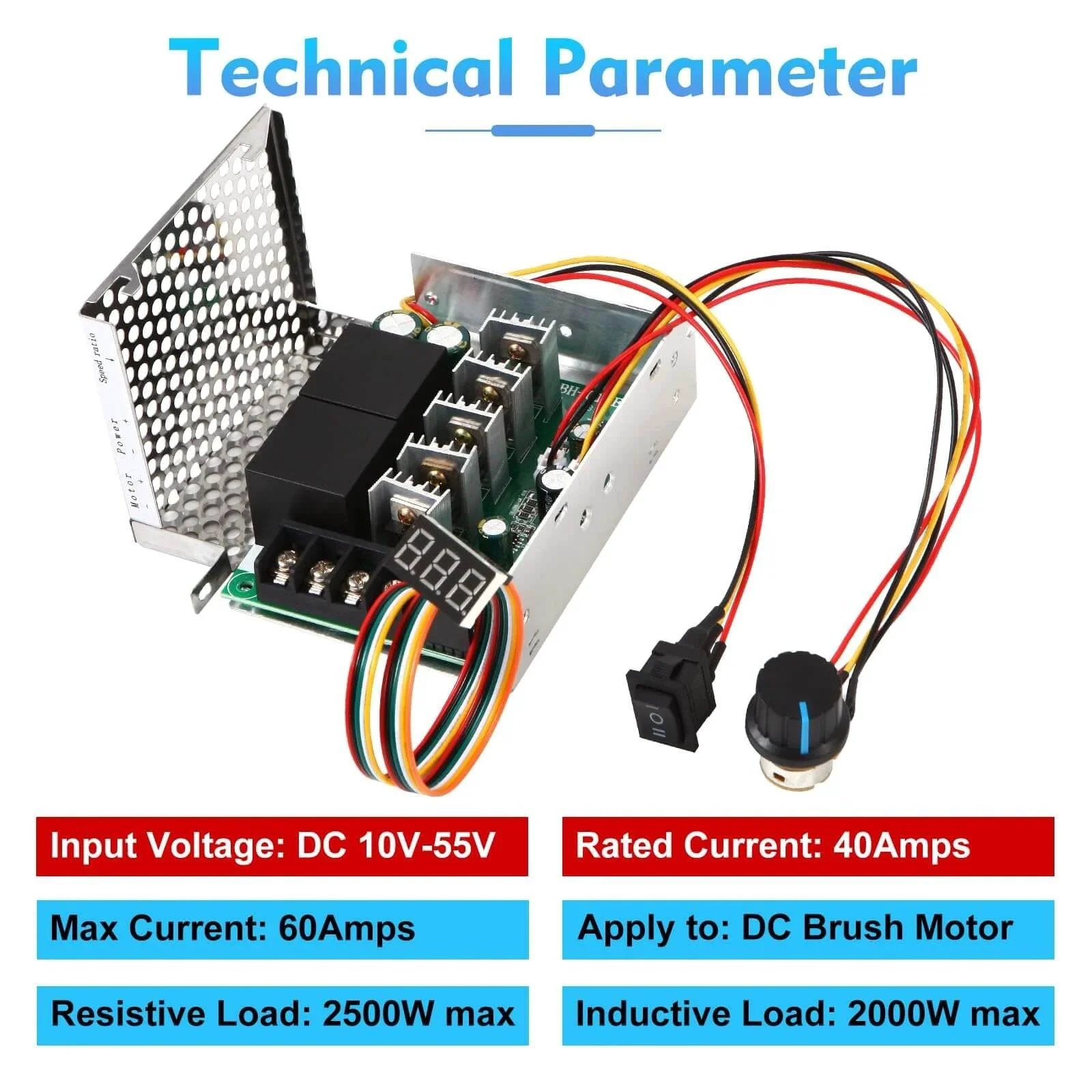 DC Motor Speed Controller, DC 10-55V / Rated 40A, LED Display Stepless DC Motor Speed Controller with adjustable components