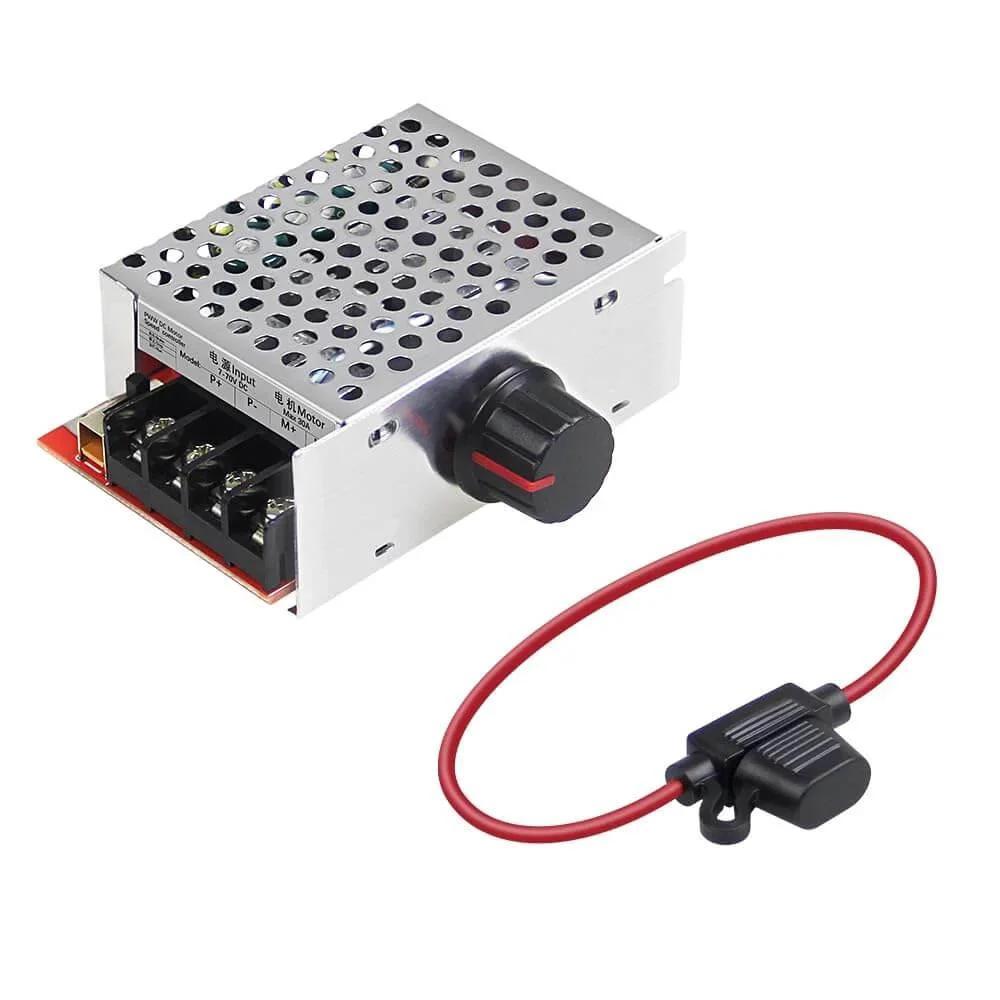 DC Motor Speed Controller with 30A Fuse, 7-70V Wide Voltage Range Switch Control 30A Fuse, showing unit and wiring