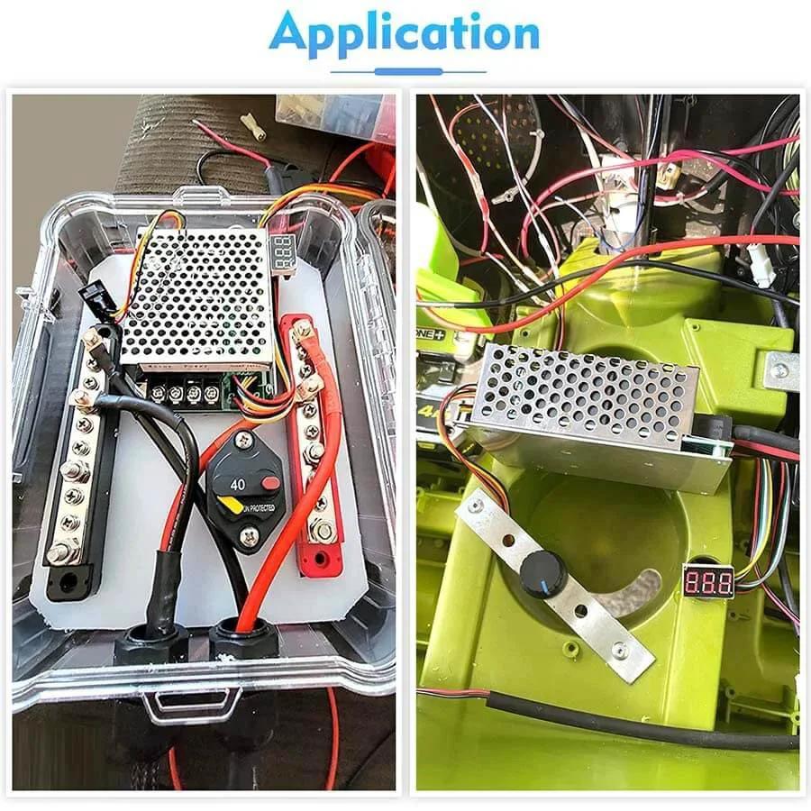DC Motor Speed Controller, DC 10-55V / Rated 40A, LED Display Stepless DC Motor Speed Controller installed in machinery.