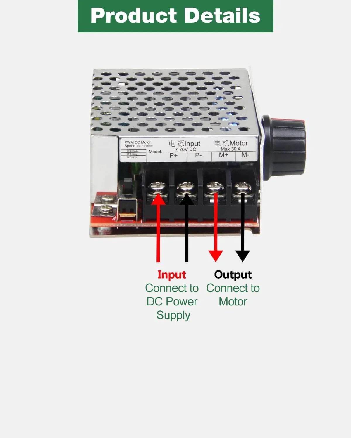 DC Motor Speed Controller with 30A Fuse, 7-70V Wide Voltage Range Switch Control 30A Fuse, showing input and output connections