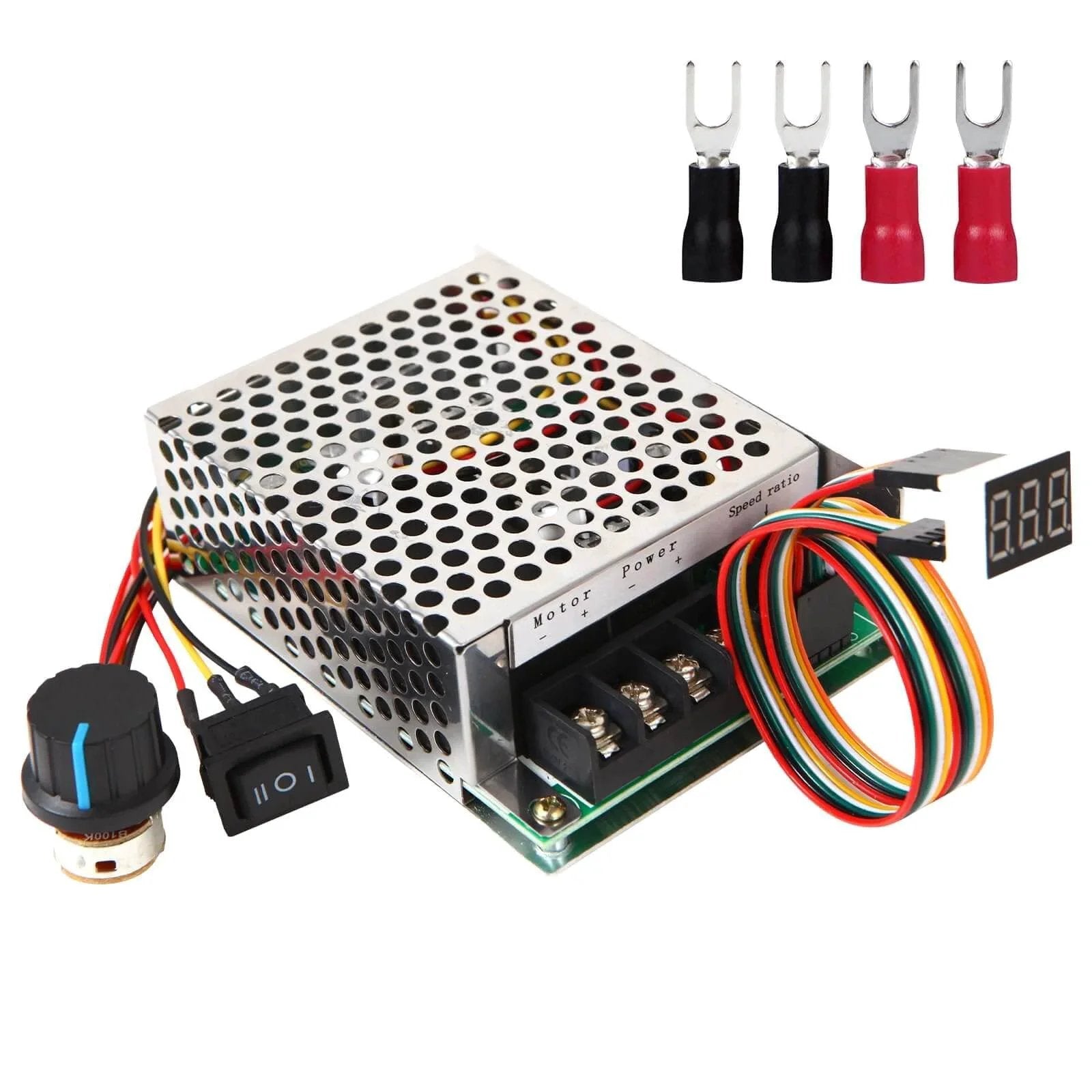 DC Motor Speed Controller, DC 10-55V / Rated 40A, LED Display Stepless with potentiometer and wiring accessories visible.