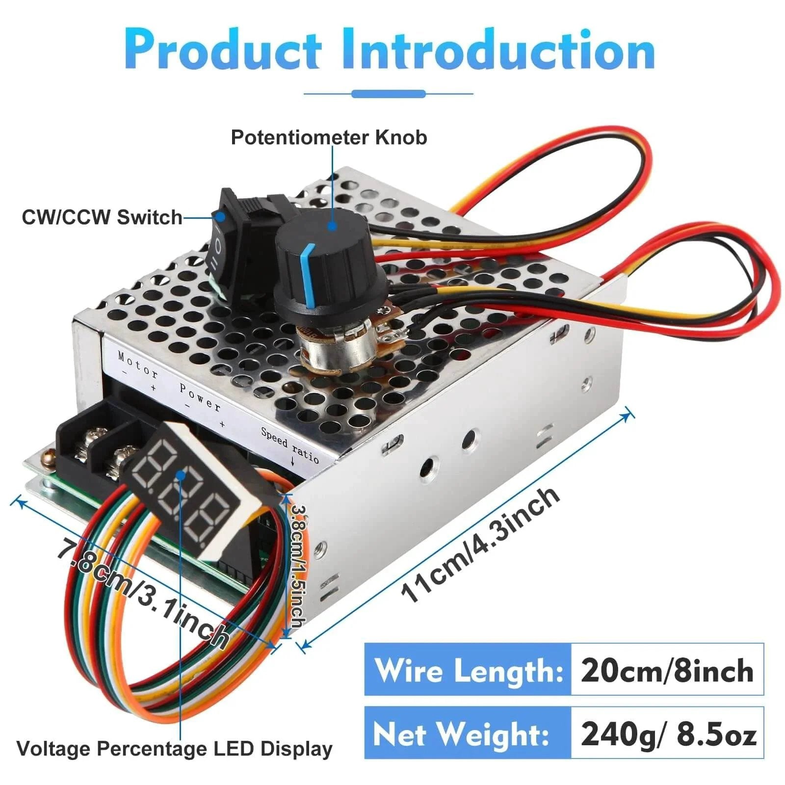 DC Motor Speed Controller, DC 10-55V / Rated 40A, LED Display Stepless DC Motor Speed Controller with aluminum casing