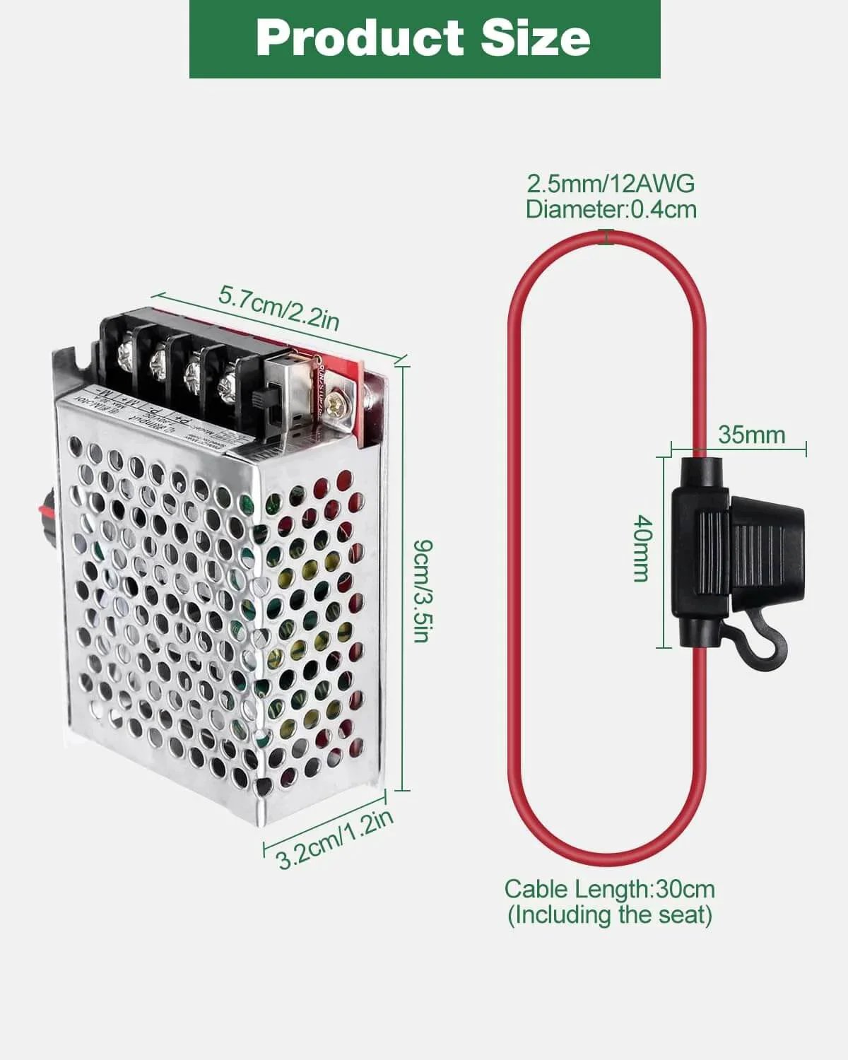 DC Motor Speed Controller with 30A Fuse, 7-70V Wide Voltage Range Switch Control 30A Fuse shown with dimensions and wiring.