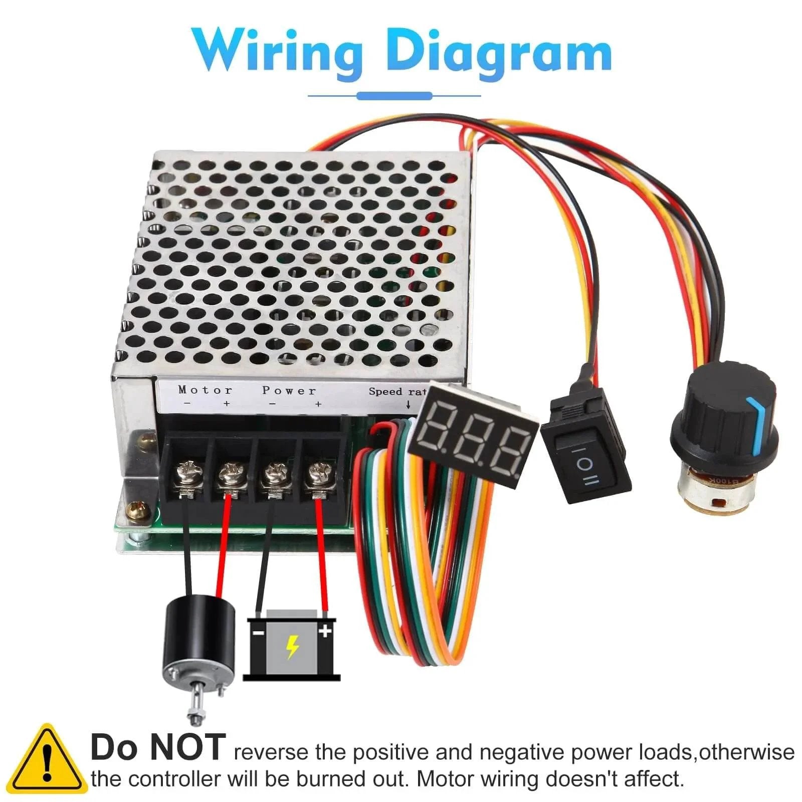 DC Motor Speed Controller, DC 10-55V / Rated 40A, LED Display Stepless DC Motor Speed Controller with Adjustable Potentiometer and Forward-Brake-Reverse Switch, wiring diagram shown