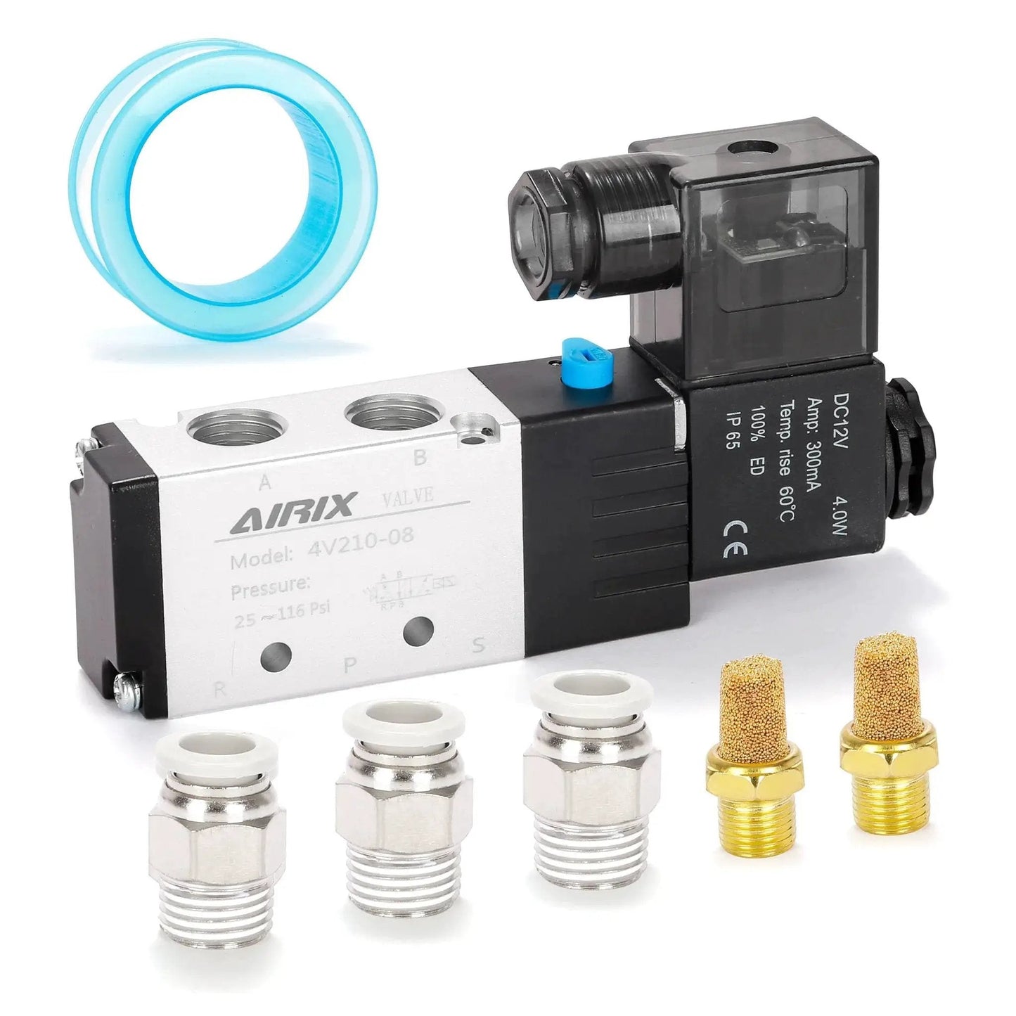DC12V Pilot Operated 2 Position 5 Way Pneumatic Solenoid Valve With 1/4 NPT Ports, junction box, fittings, and connectors for automation.
