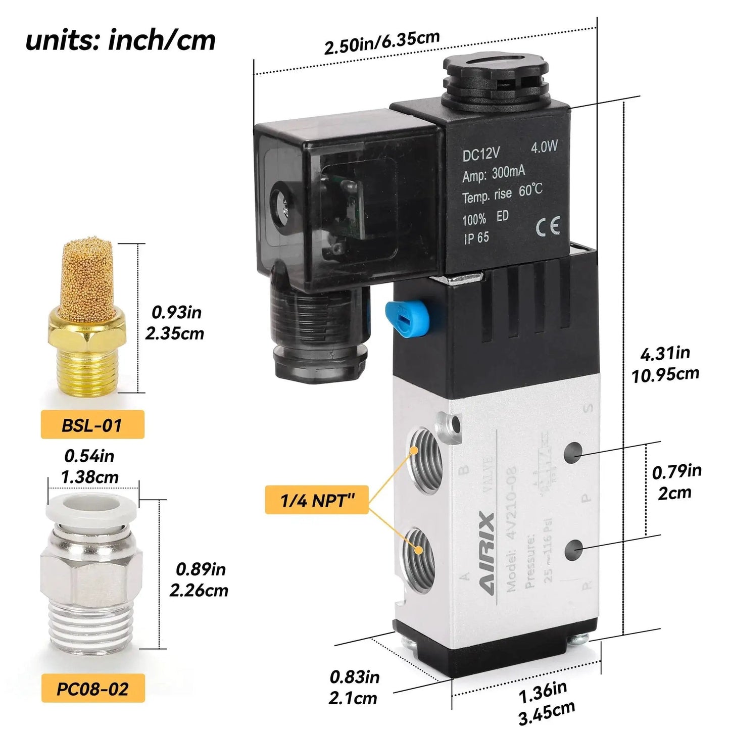 DC12V Pilot Operated 2 Position 5 Way Pneumatic Solenoid Valve with 1/4 NPT Ports and Junction Box, shown with fittings and measurements.