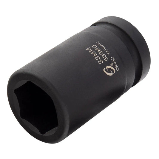 Deep Reach 1 Inch Drive 33mm Impact Socket With Cr-Mo Steel Radius Corner Design Chamfered Opening And Dual Size Markings For High Torque Jobs Sunex Tools