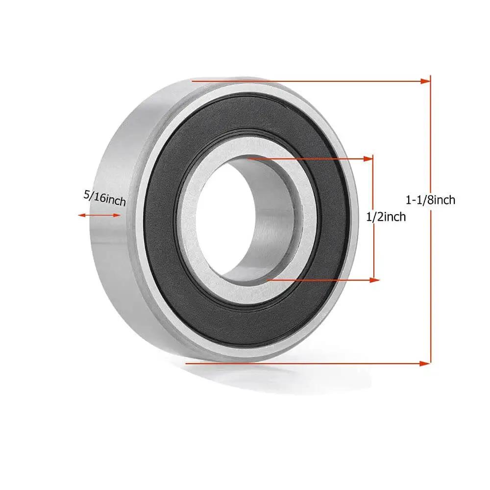 R8 2RS Deep Groove Ball Bearings With Double Rubber Seals And Bearing Steel For All Purpose Motors Wheels Home Appliances Garden Gear One Half By One And One Eighth By Five Sixteenths Inches 16 Pack, showing a detailed side view.