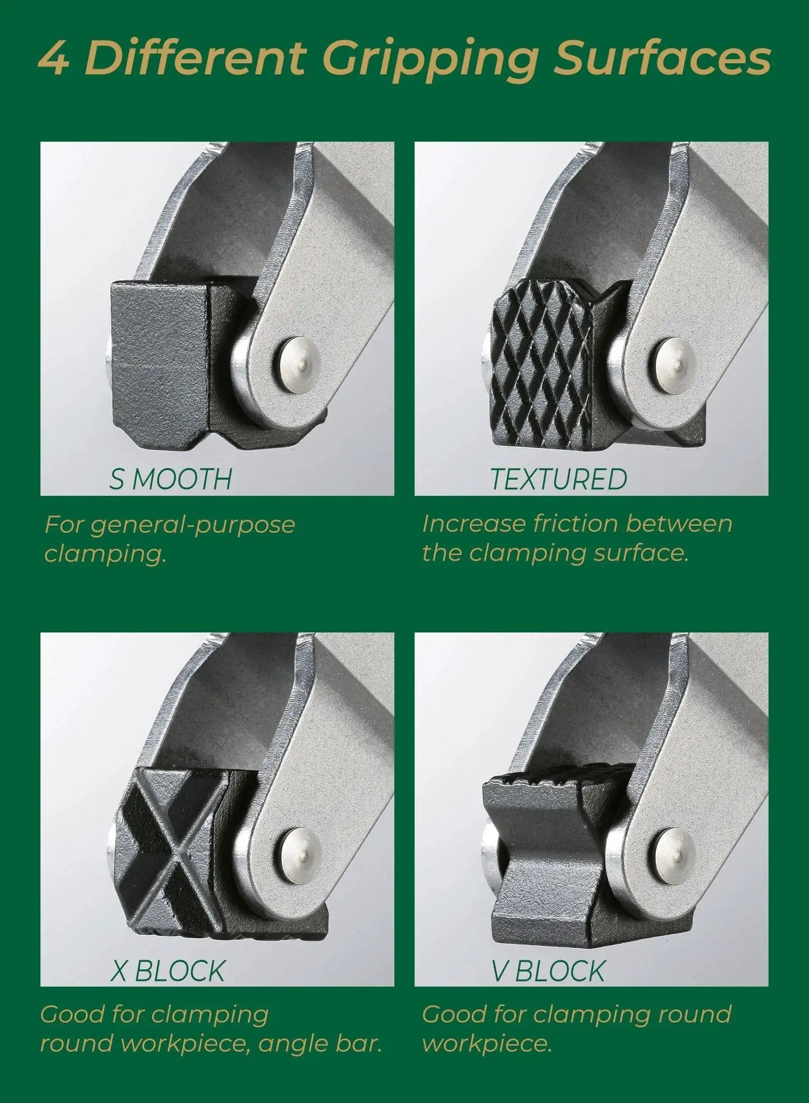 Deep Throat Welding And Fabrication Clamp showing four different gripping surfaces: smooth, textured, X block, and V block.