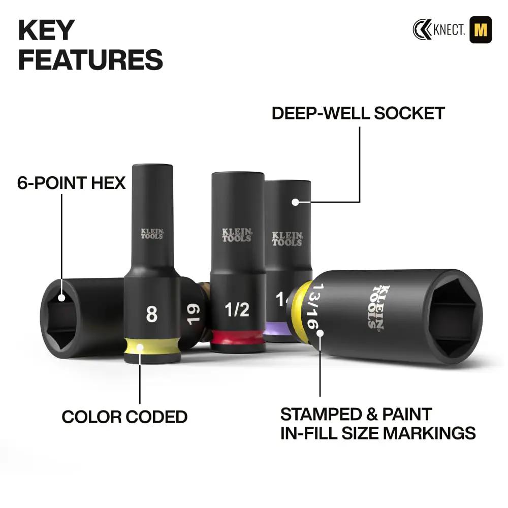 Deep-Well Three-Eighths Inch Drive Impact Socket Set With SAE And Metric Sizes, 23-Piece, Color-Coded Size Markings