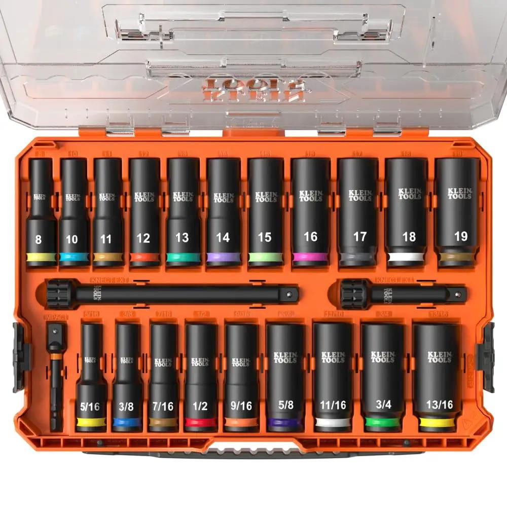 Deep-Well Three-Eighths Inch Drive Impact Socket Set With SAE And Metric Sizes, 23-Piece, Color-Coded Size Markings in case