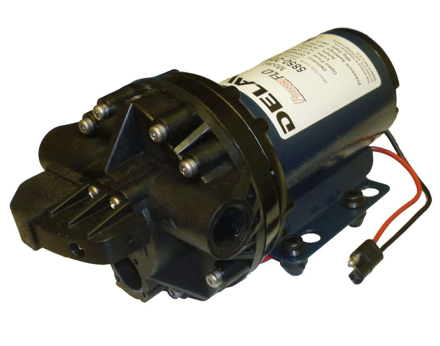 Delavan 5850-201E-SB Diaphragm Pump 12V, 60PSI, 5.0GPM, Demand Pump in black, showing connection wires and rugged design
