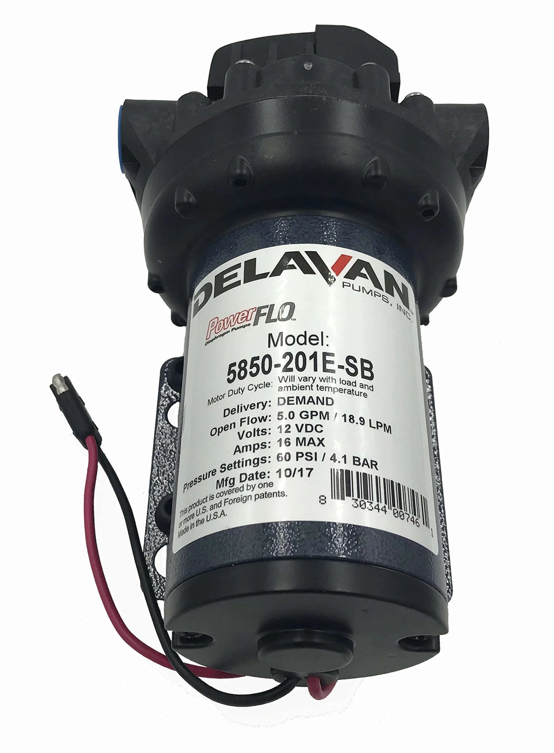 Front view of Delavan 5850-201E-SB Diaphragm Pump 12V, 60PSI, 5.0GPM, compact demand pump with specifications label visible