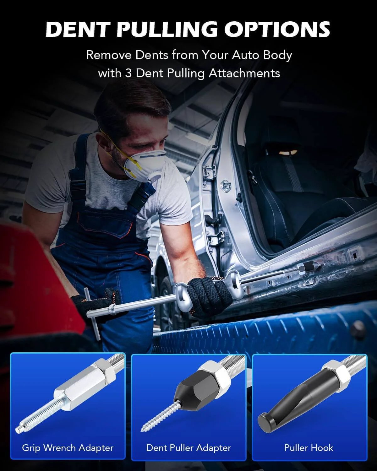 Mechanic using 9-Way Slide Hammer Puller Set for car dent repair with tools: wrench adapter, puller adapter, puller hook close-up.