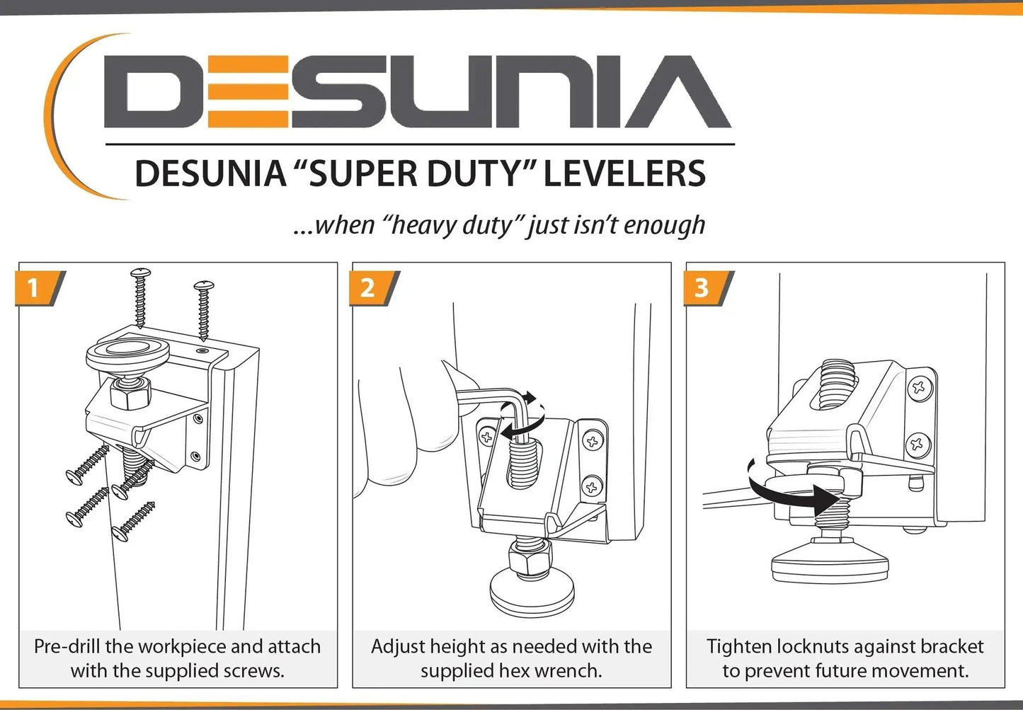 Beefy Heavy Duty Leveling Feet installation guide with pre-drill instructions, height adjustment, and locknut tightening steps for stability
