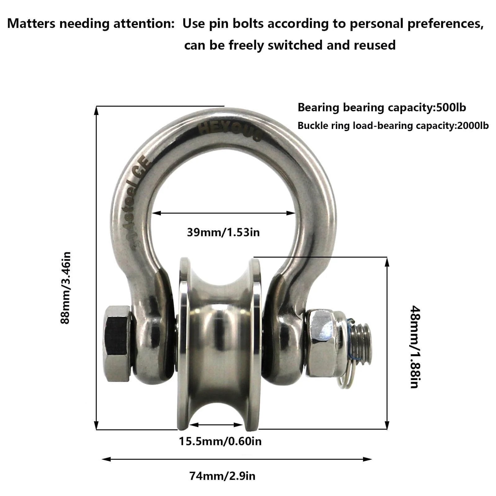 Detachable U Shaped Pulley with Large Size Long Screw Groove Pulley Wheel Track Fixed Pulley Suitable for Wire Rope Traction Small Crane Salvage System Pulley Model Silver, 304 stainless steel.
