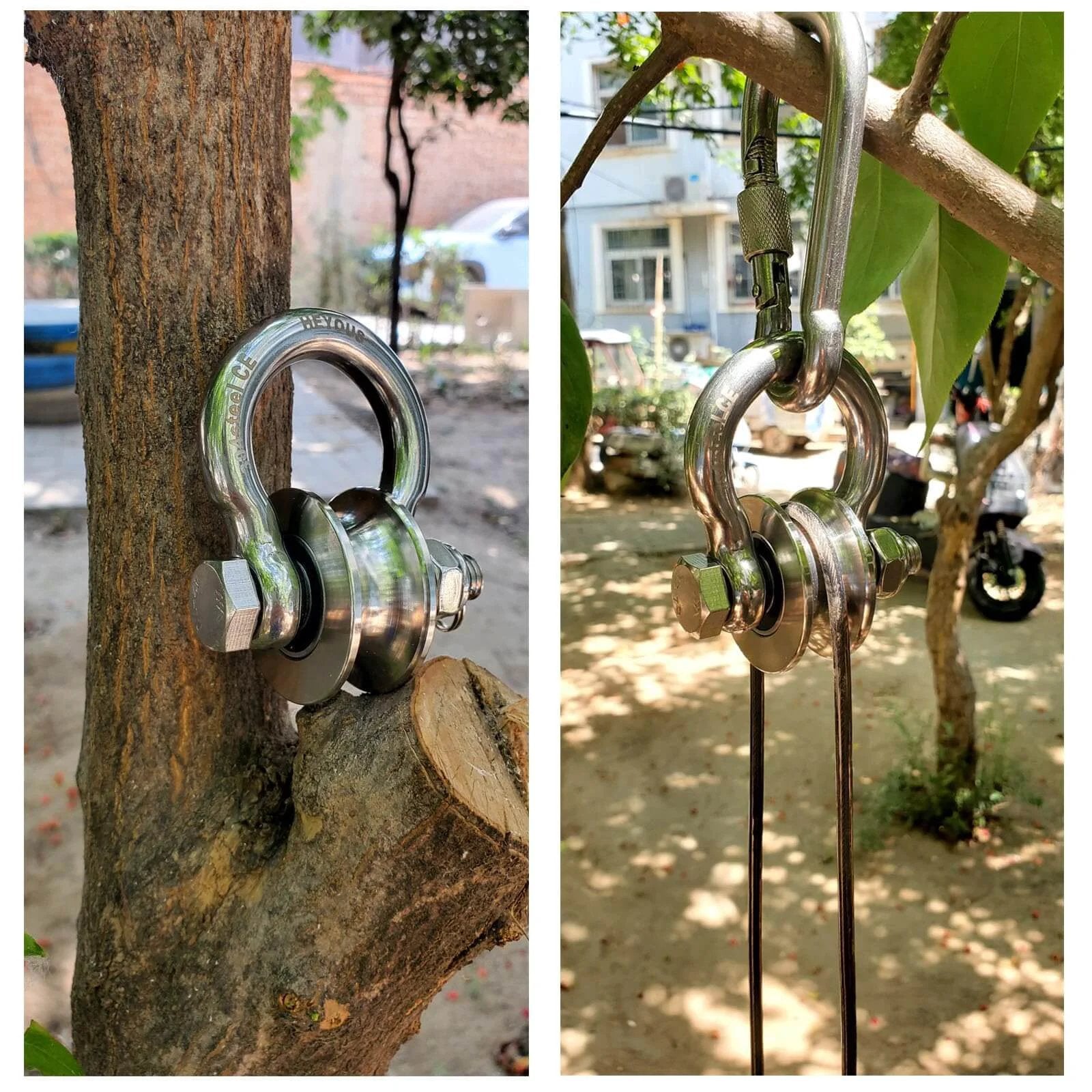 Detachable U Shaped Pulley with Large Size Long Screw Groove Pulley Wheel Track Fixed Pulley Suitable for Wire Rope Traction Small Crane Salvage System Pulley Model Silver installed on tree branch outdoors