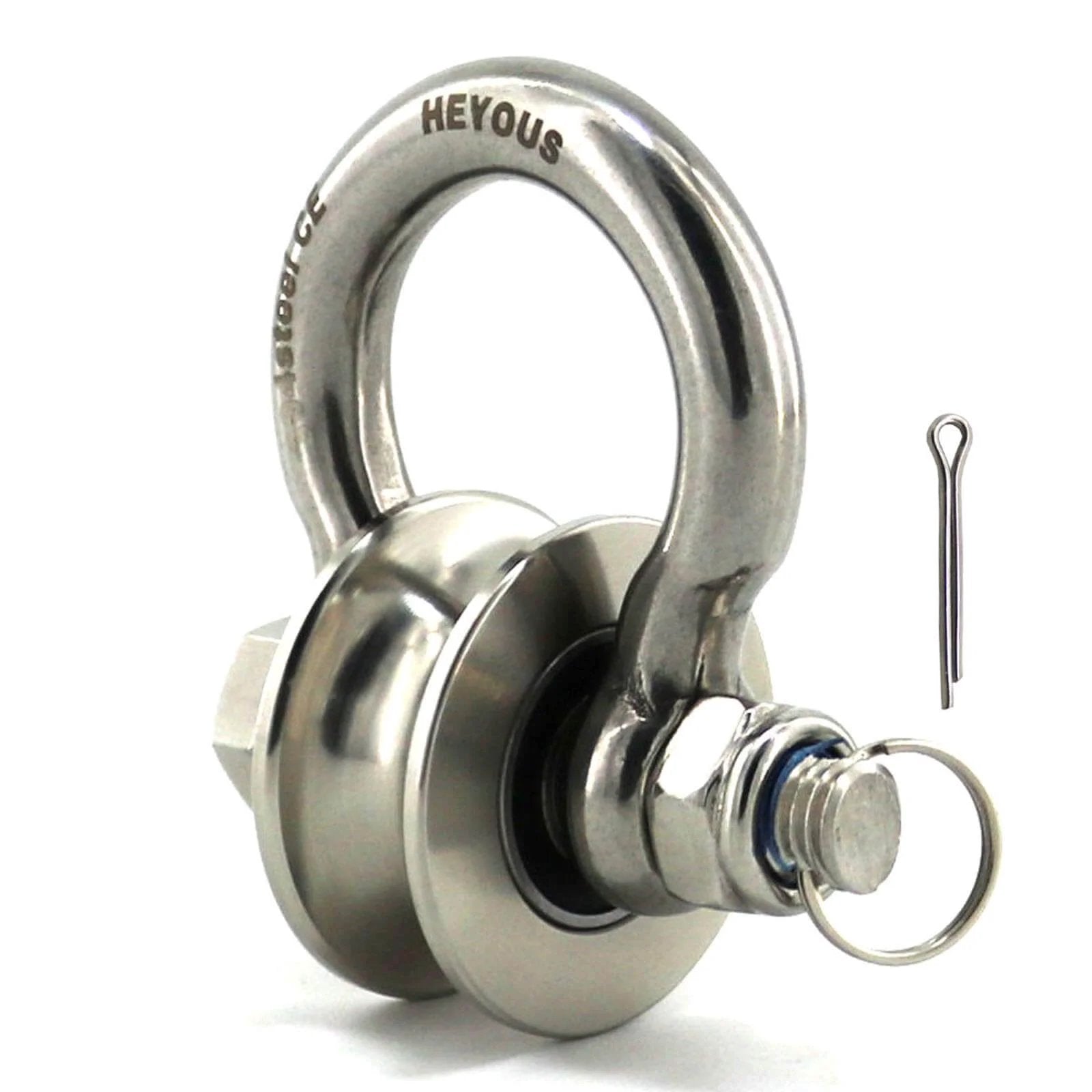 Detachable U Shaped Pulley with Large Size Long Screw Groove Pulley Wheel Track Fixed Pulley Suitable for Wire Rope Traction Small Crane Salvage System Pulley in silver, close-up view with visible screw and pin